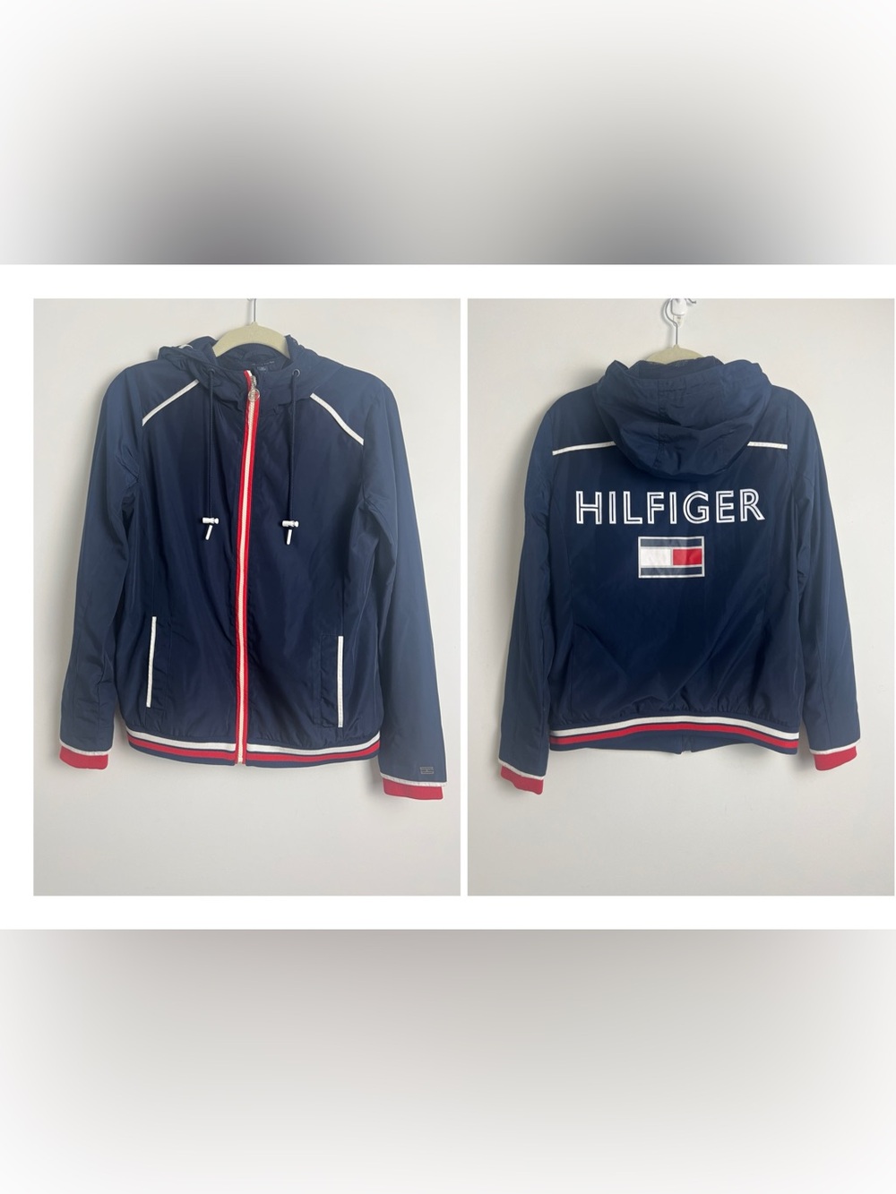 Tommy Hilfiger Women's Small Navy Blue Logo Spell Out Hooded Windbreaker Jacket